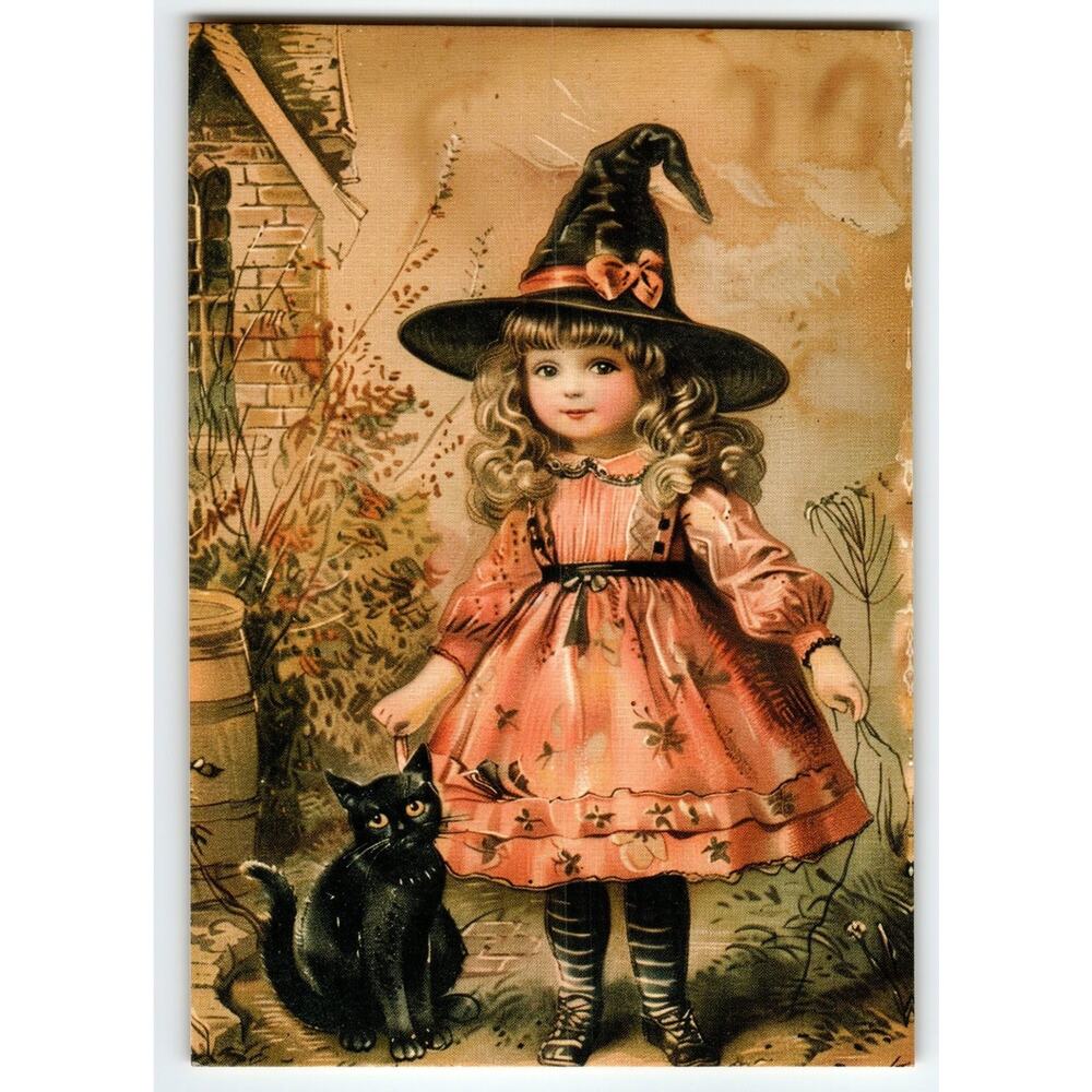 Vintage Halloween Postcard Cute Girl Witch with Black Cat 6x4